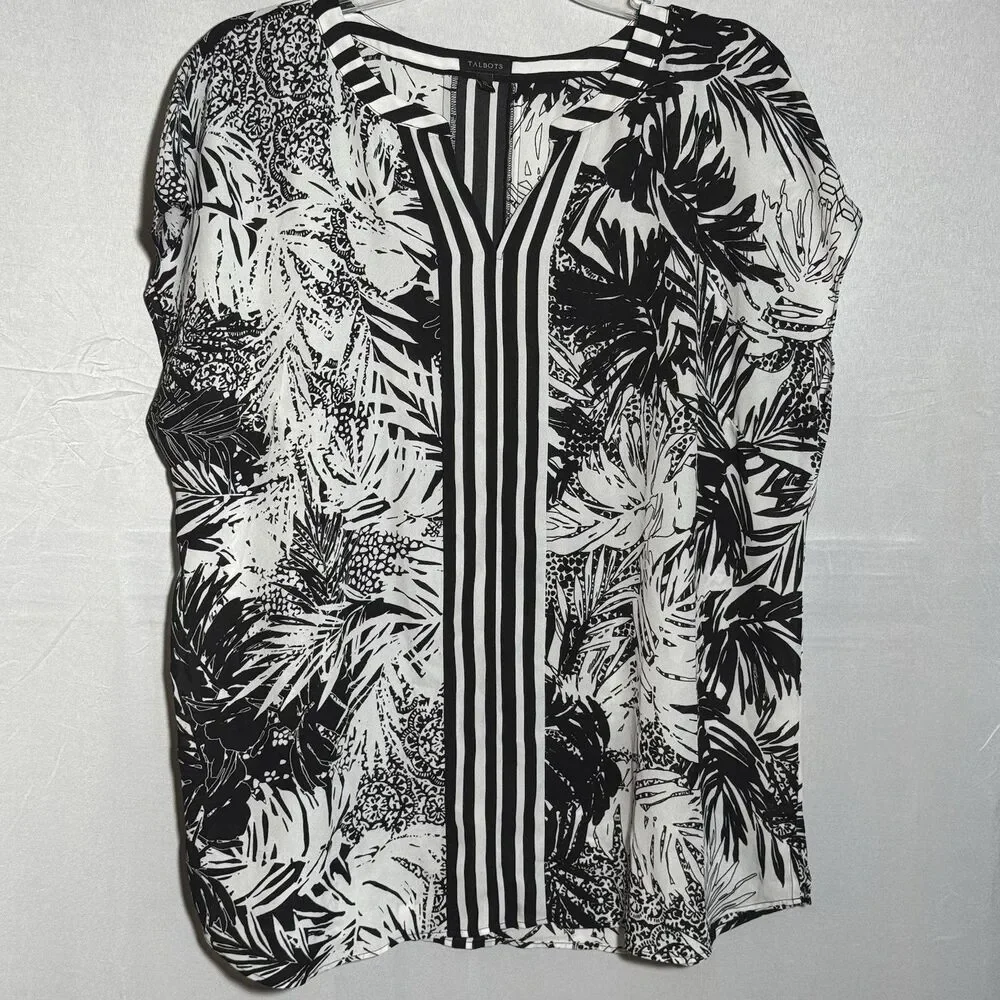 Talbots XL Black White Floral Blouse Short Sleeve Split Neck Lightweight Top